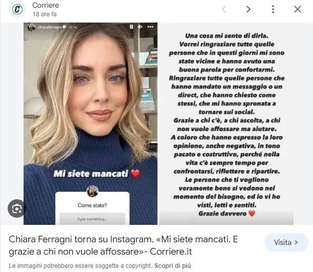 Il ritorno di Chiara Ferragni su Instagram: un messaggio di gratitudine ...